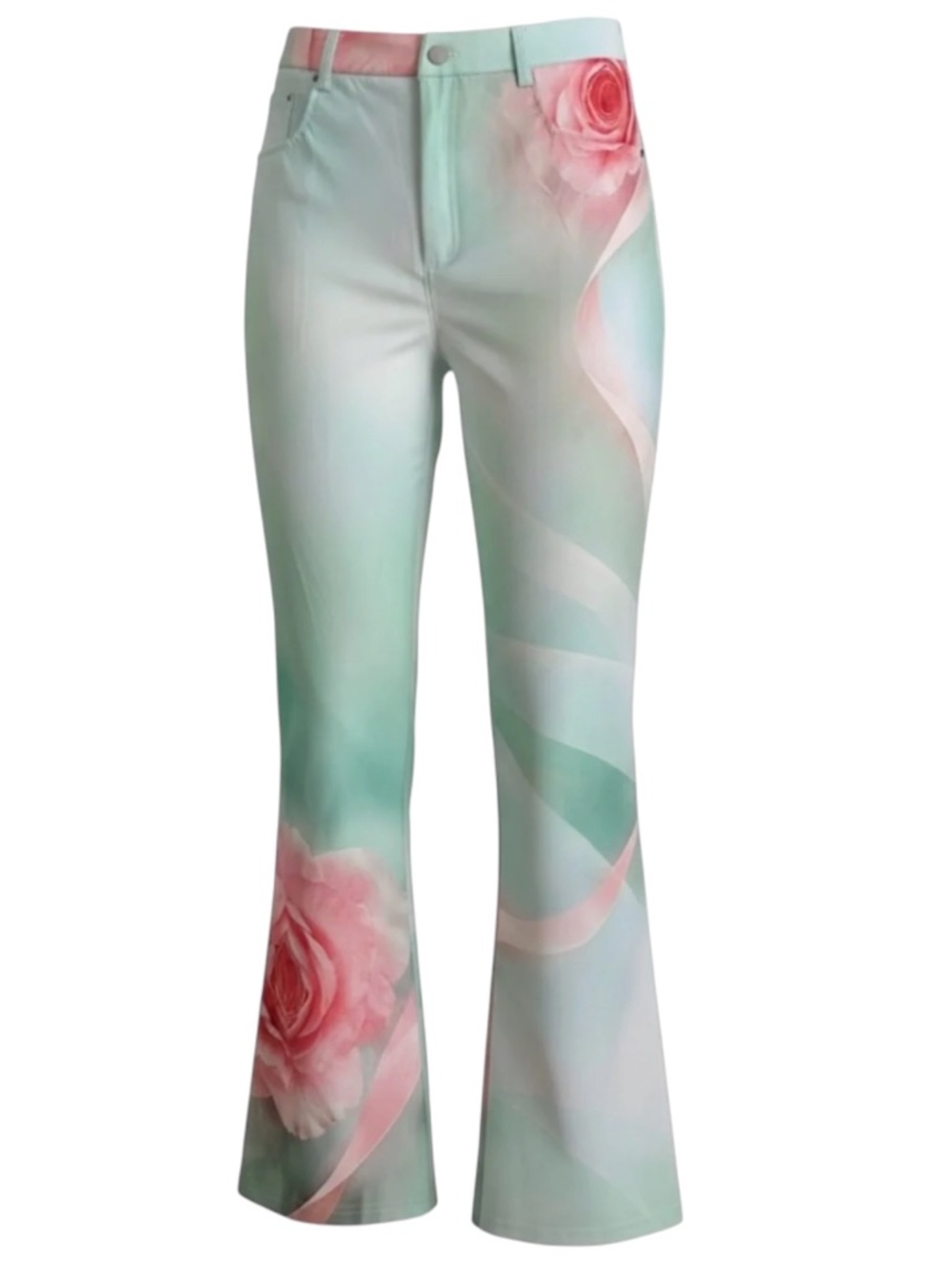 SHEIN Green Floral High Waist Flare Pants